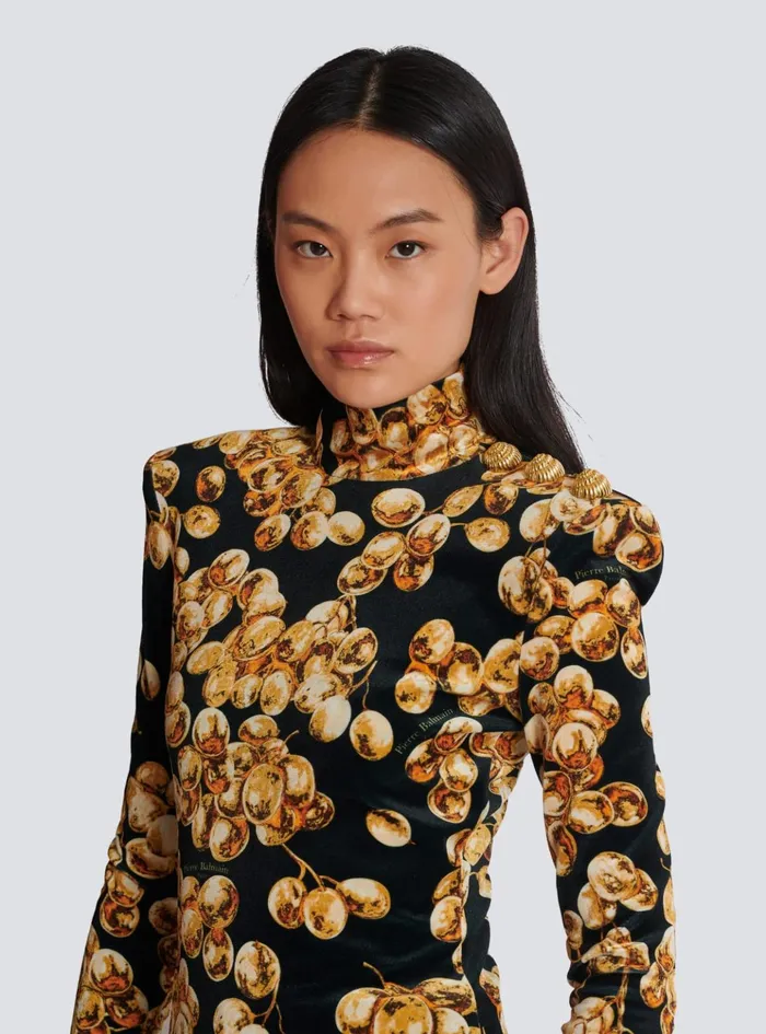 Velvet Top With Grape Print Gold Women Balmain Tops And Shirts