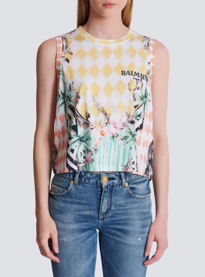 Vintage Tank Top With Baroque Print Multicolor Women Balmain TShirts