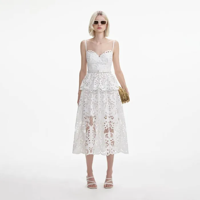 White Cotton Lace Tiered Midi Dress Women Self Portrait Dresses