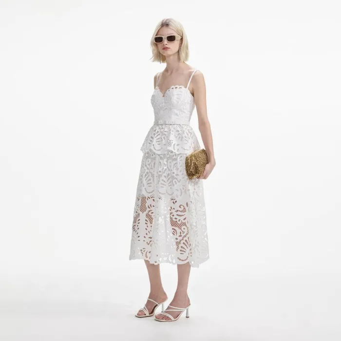 White Cotton Lace Tiered Midi Dress Women Self Portrait Dresses