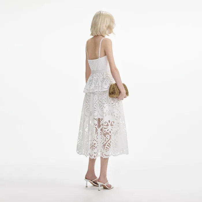 White Cotton Lace Tiered Midi Dress Women Self Portrait Dresses