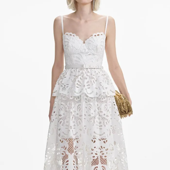 White Cotton Lace Tiered Midi Dress Women Self Portrait Dresses
