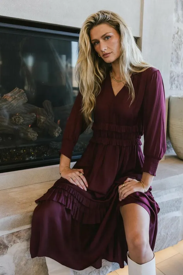 Willa Sleeved Ruffle Dress In Burgundy Burgundy Women Bohme Dresses