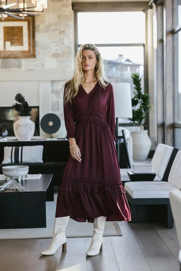 Willa Sleeved Ruffle Dress In Burgundy Burgundy Women Bohme Dresses