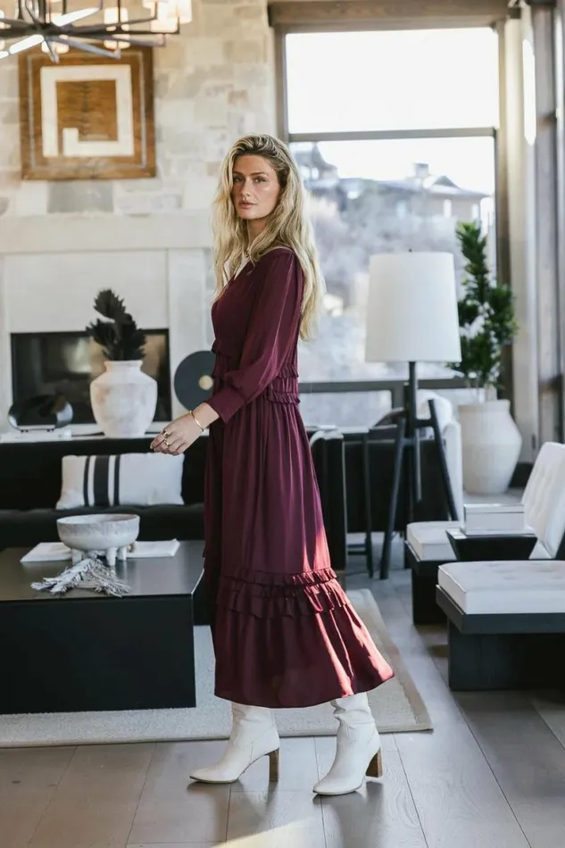 Willa Sleeved Ruffle Dress In Burgundy Burgundy Women Bohme Dresses