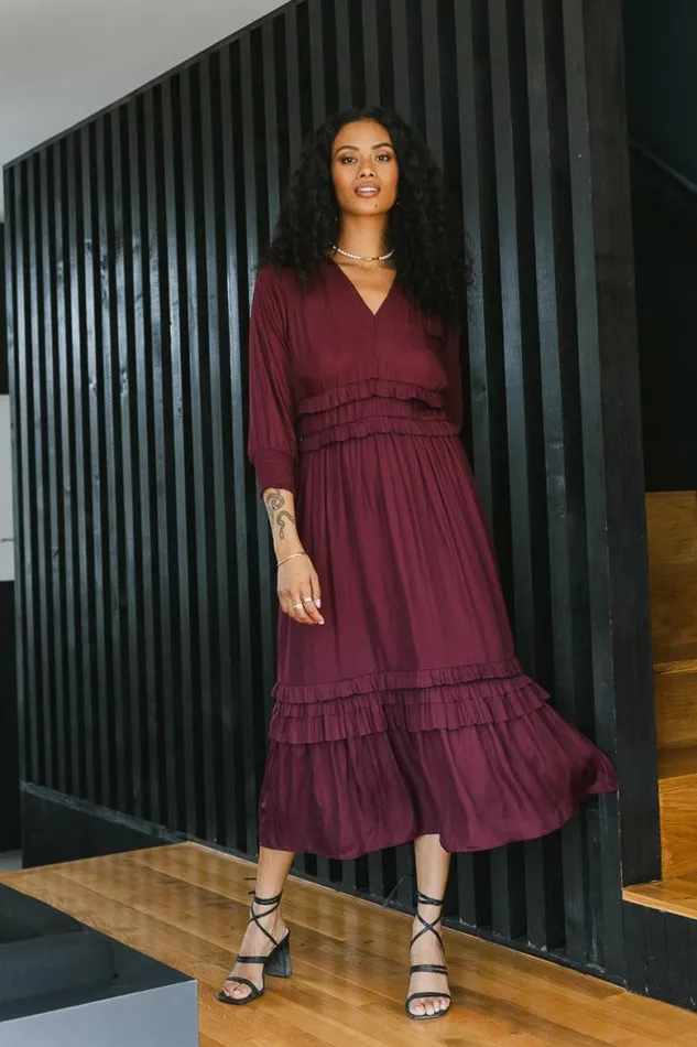 Willa Sleeved Ruffle Dress In Burgundy Burgundy Women Bohme Dresses