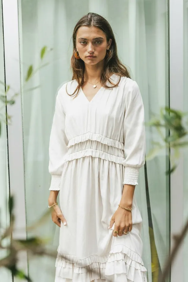 Willa Sleeved Ruffle Dress In Ivory Ivory Women Bohme Dresses