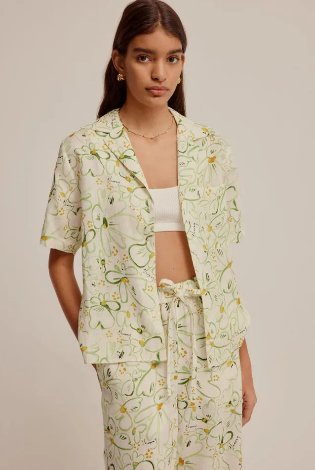 Woman Venroy Shirts Printed Linen Camp Collar Shirt