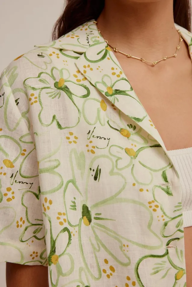 Woman Venroy Shirts Printed Linen Camp Collar Shirt
