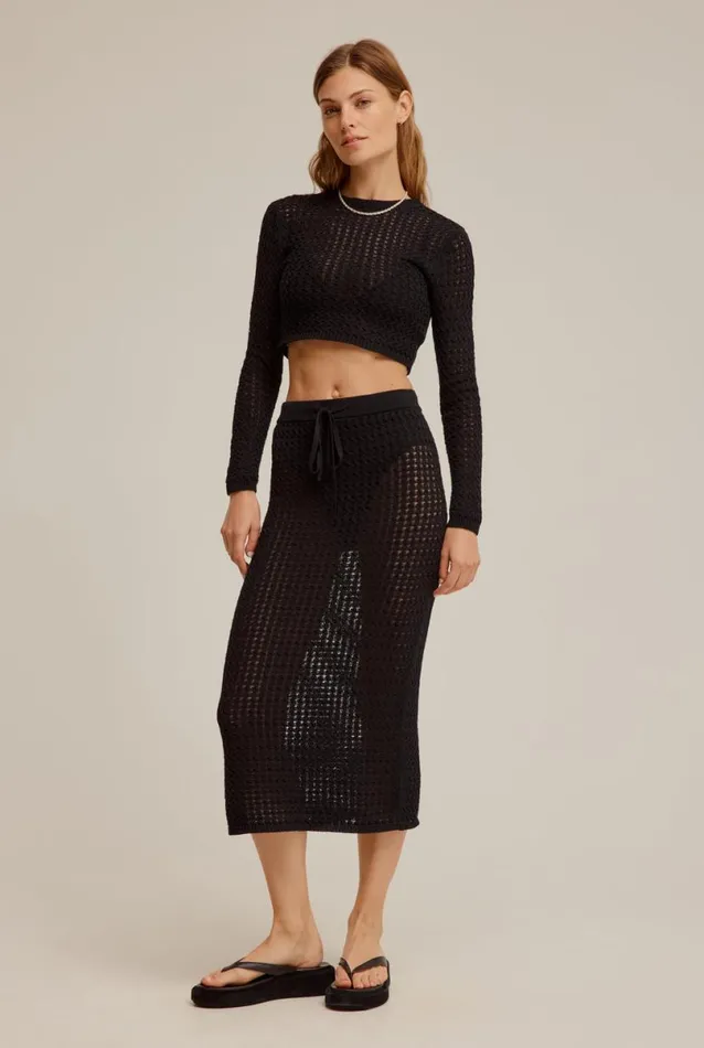 Woman Venroy Tops Long Sleeve Crochet Knit Crop Top