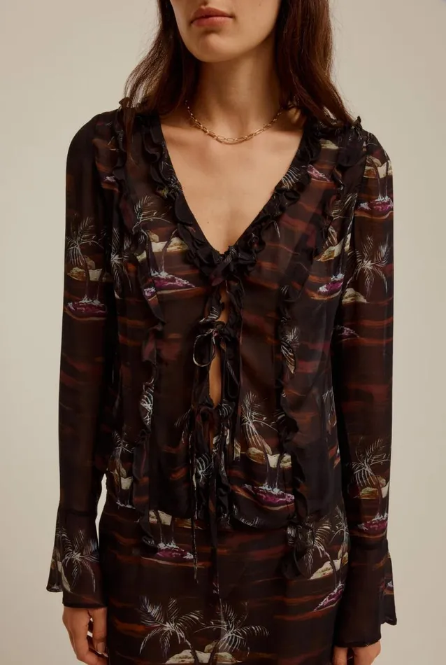 Woman Venroy Tops Sheer Ruffle Tie Front Top