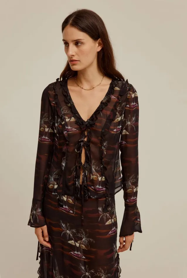 Woman Venroy Tops Sheer Ruffle Tie Front Top