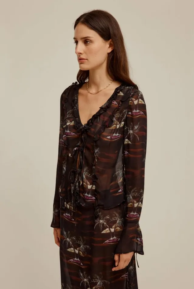 Woman Venroy Tops Sheer Ruffle Tie Front Top
