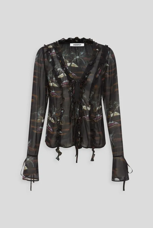Woman Venroy Tops Sheer Ruffle Tie Front Top