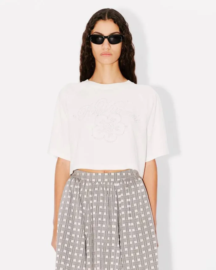 Women 039KENZO Constellation039 Embroidered Cropped Tshirt In Cotton Off White Kenzo Tshirts And Polos