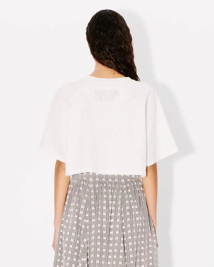 Women 039KENZO Constellation039 Embroidered Cropped Tshirt In Cotton Off White Kenzo Tshirts And Polos