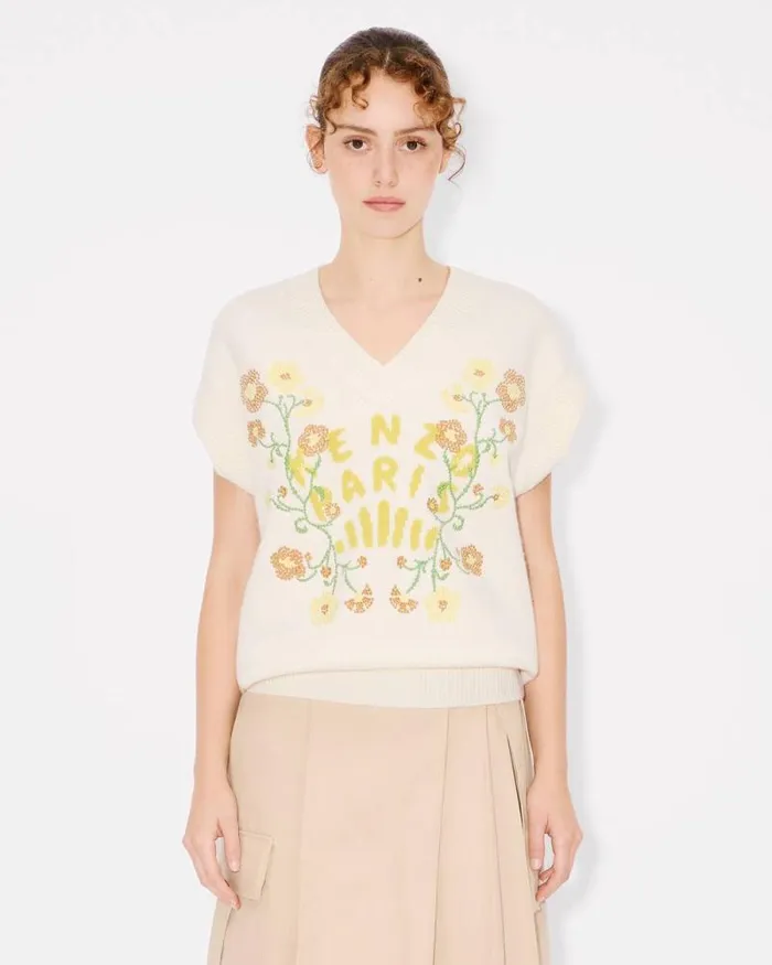 Women 039KENZO Jungle Flower039 Embroidered Wool Vest Off White Kenzo Sweaters And Cardigans