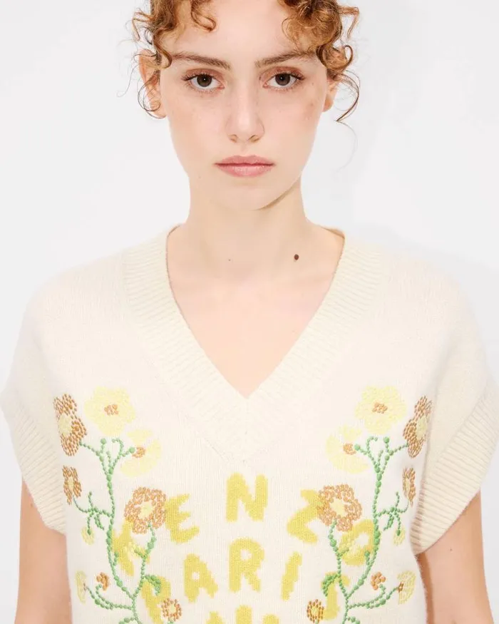 Women 039KENZO Jungle Flower039 Embroidered Wool Vest Off White Kenzo Sweaters And Cardigans