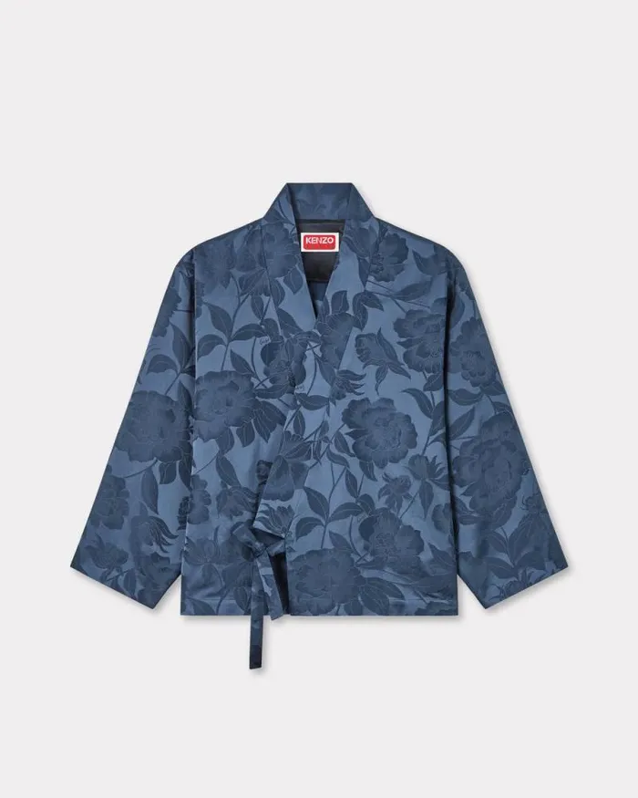 Women 039KENZO Peonies039 Kimono Jacket In Jacquard Cotton Linen Blue Kenzo Tailoring