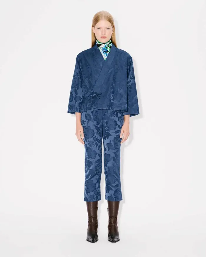 Women 039KENZO Peonies039 Kimono Jacket In Jacquard Cotton Linen Blue Kenzo Tailoring