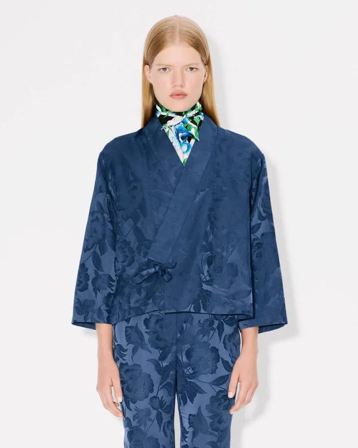 Women 039KENZO Peonies039 Kimono Jacket In Jacquard Cotton Linen Blue Kenzo Tailoring