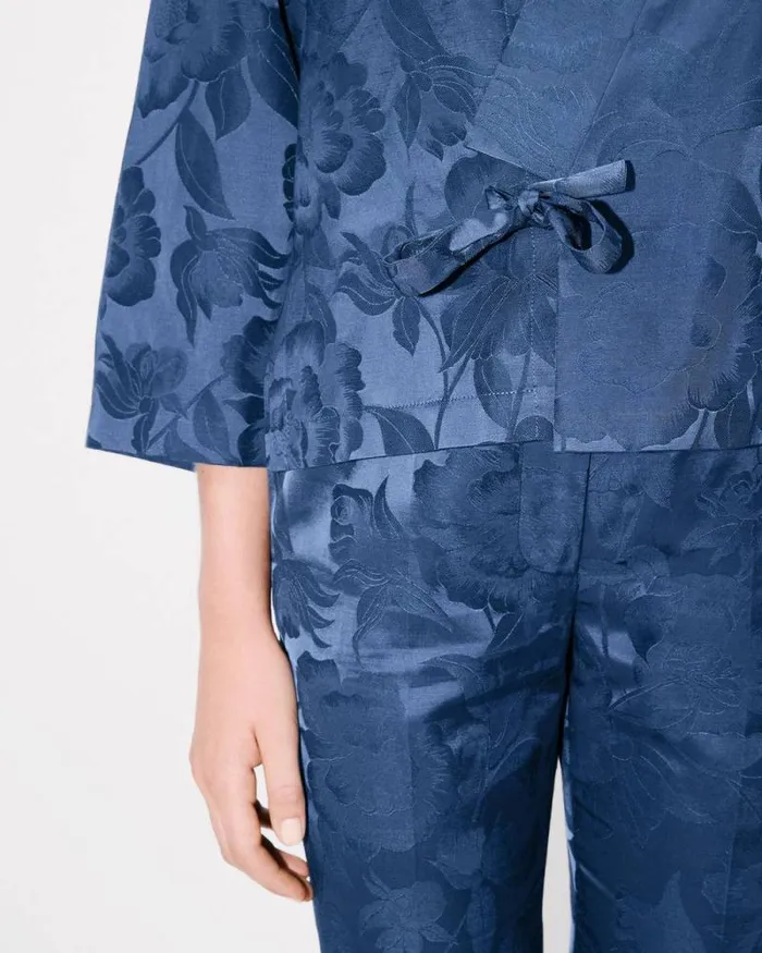 Women 039KENZO Peonies039 Kimono Jacket In Jacquard Cotton Linen Blue Kenzo Tailoring