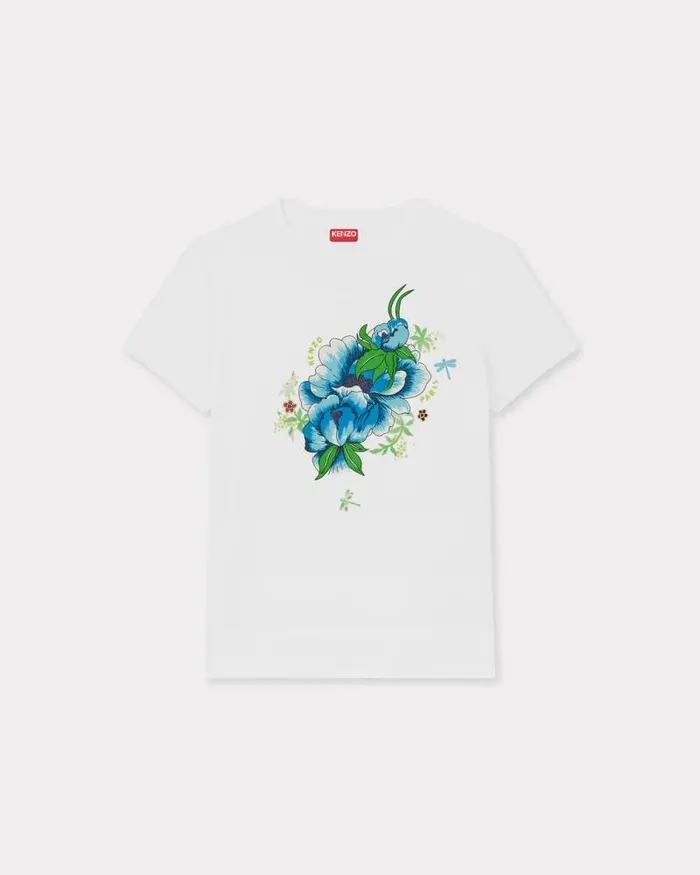 Women 039KENZO Peonies039 Tshirt In Cotton Off White Kenzo Tshirts And Polos