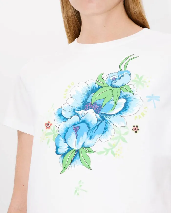 Women 039KENZO Peonies039 Tshirt In Cotton Off White Kenzo Tshirts And Polos