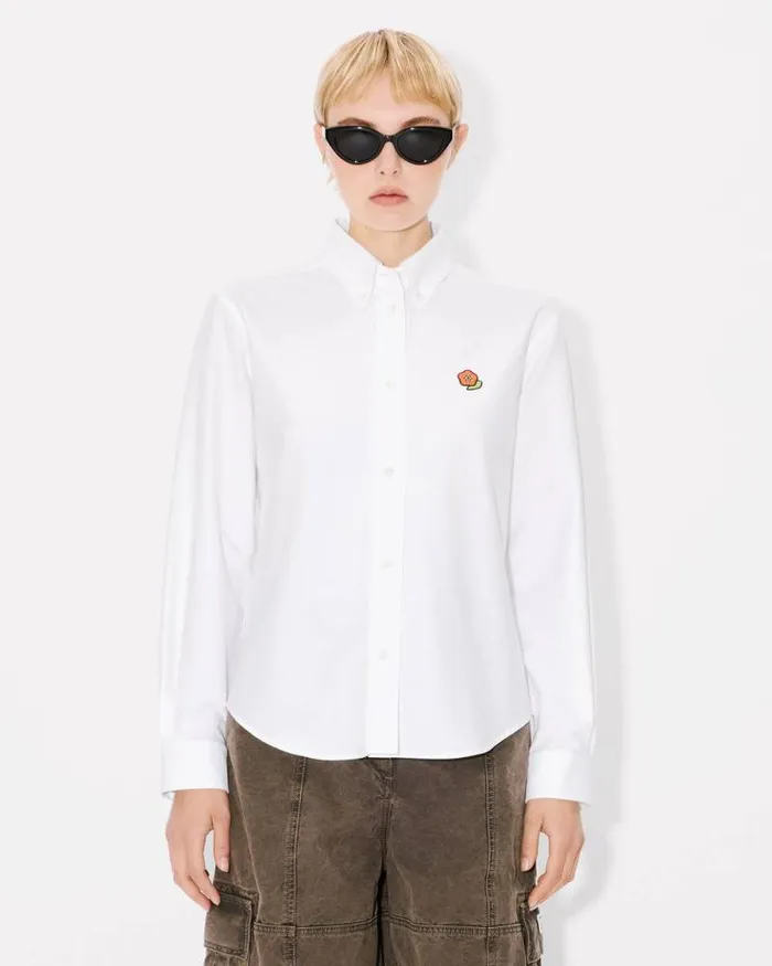 Women 039KENZO Pop039 Embroidered Fitted Shirt In Oxford Cotton White Kenzo Shirts And Tops