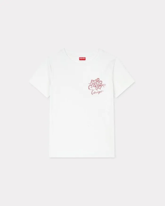 Women 039KENZO Star Tiger039 Embroidered Tshirt In Cotton Off White Kenzo Tshirts And Polos