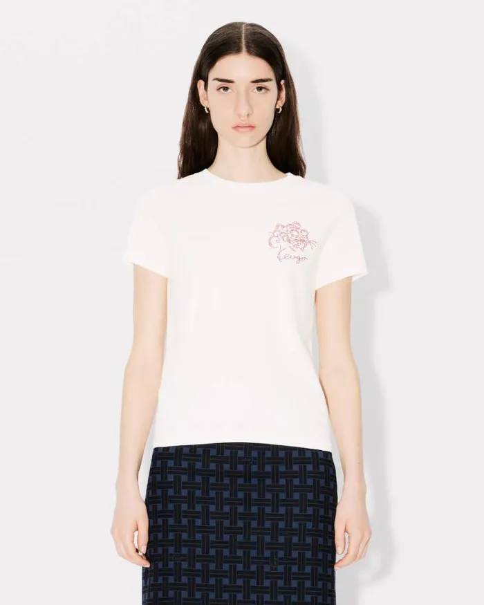 Women 039KENZO Star Tiger039 Embroidered Tshirt In Cotton Off White Kenzo Tshirts And Polos