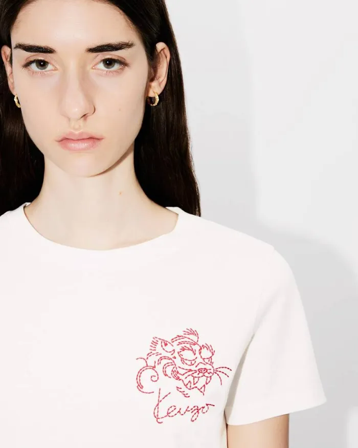 Women 039KENZO Star Tiger039 Embroidered Tshirt In Cotton Off White Kenzo Tshirts And Polos