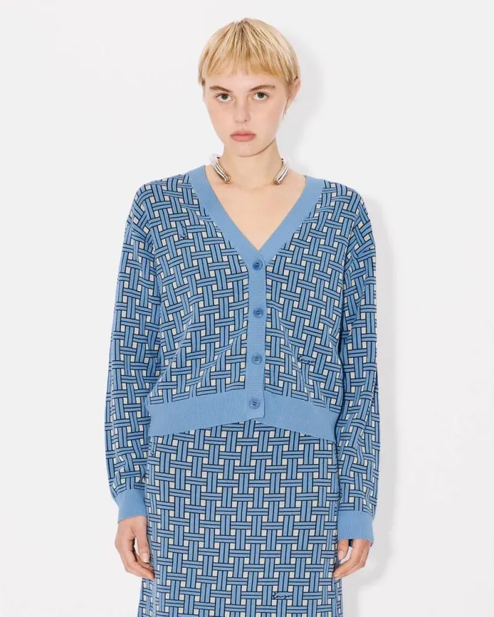 Women 039KENZO Weave039 Embroidered Cardigan Sky Blue Kenzo Sweaters And Cardigans