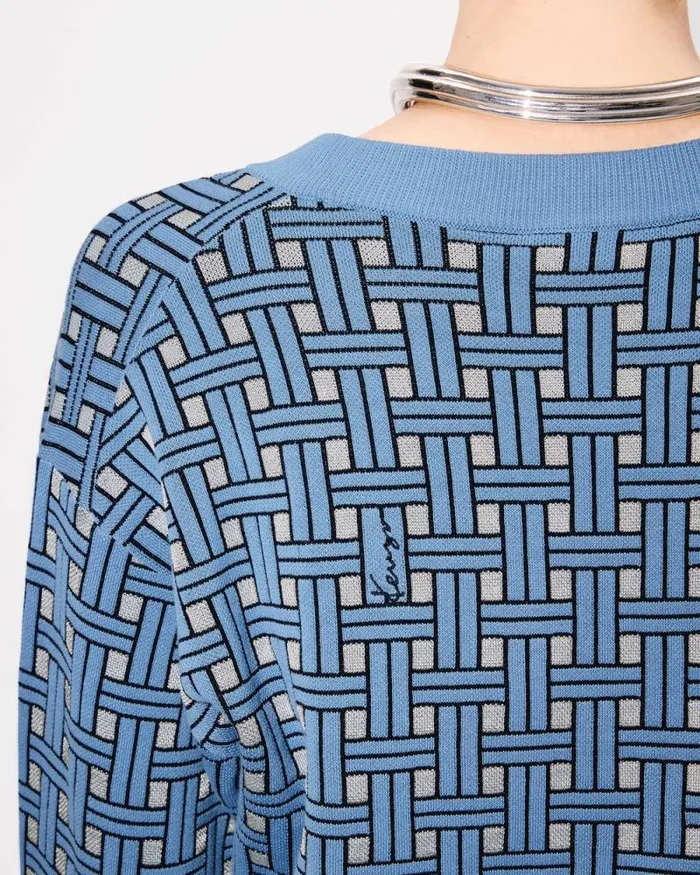 Women 039KENZO Weave039 Embroidered Cardigan Sky Blue Kenzo Sweaters And Cardigans
