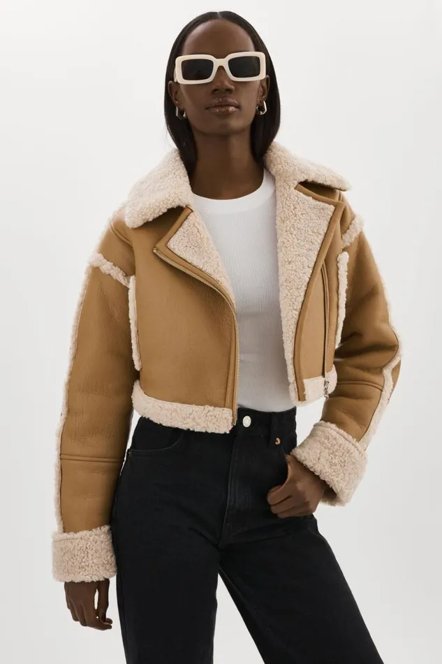 Women ADRINA Faux Shearling Crop Jacket Biscuit LAMARQUE Sherpa