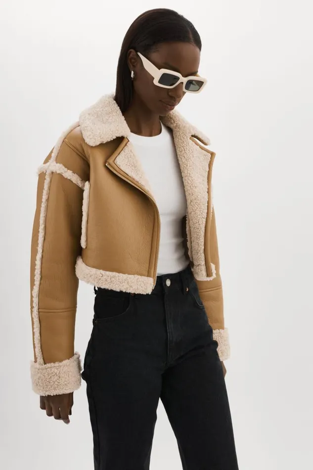 Women ADRINA Faux Shearling Crop Jacket Biscuit LAMARQUE Sherpa Women ADRINA Faux Shearling Crop Jacket Biscuit LAMARQUE Sherpa
