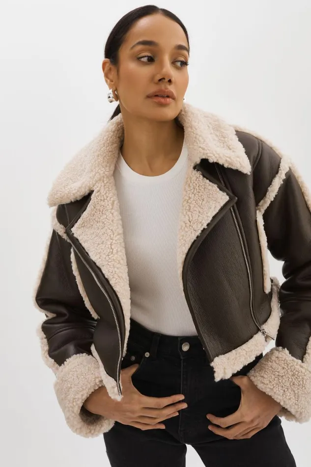 Women ADRINA Faux Shearling Crop Jacket Brown LAMARQUE Sherpa