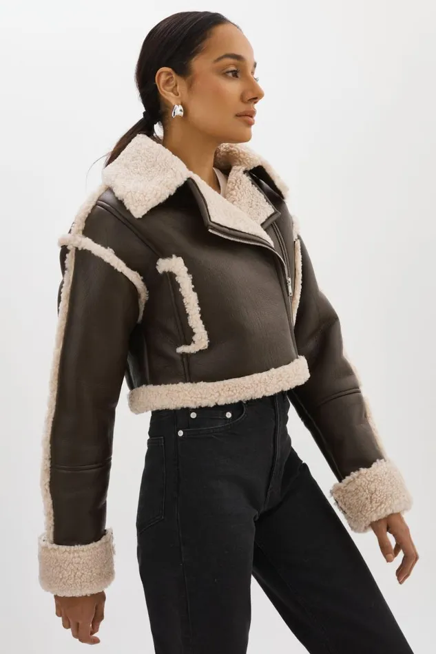 Women ADRINA Faux Shearling Crop Jacket Brown LAMARQUE Sherpa