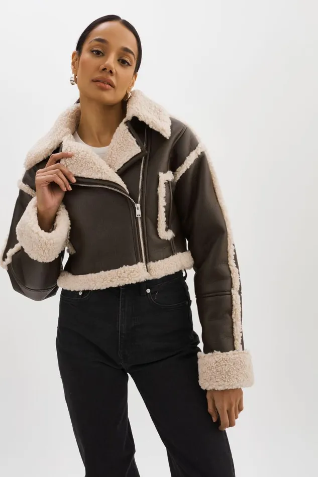 Women ADRINA Faux Shearling Crop Jacket Brown LAMARQUE Sherpa
