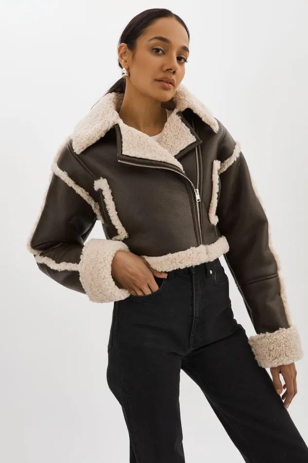 Women ADRINA Faux Shearling Crop Jacket Brown LAMARQUE Sherpa