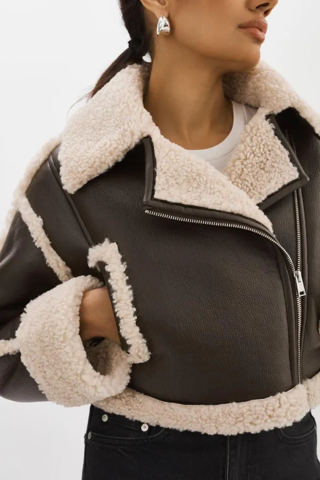 Women ADRINA Faux Shearling Crop Jacket Brown LAMARQUE Sherpa
