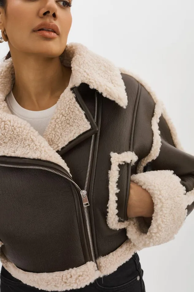 Women ADRINA Faux Shearling Crop Jacket Brown LAMARQUE Sherpa