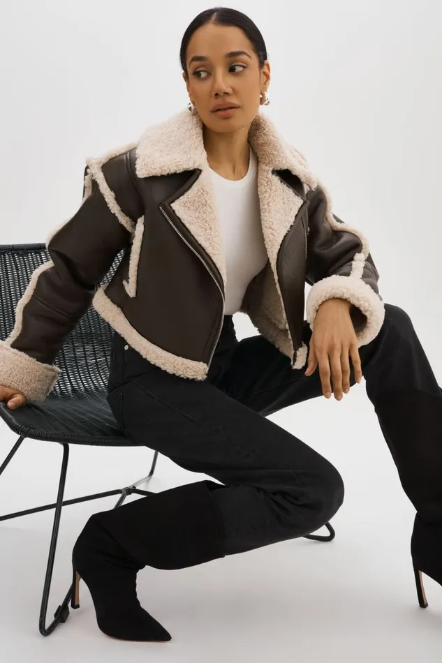 Women ADRINA Faux Shearling Crop Jacket Brown LAMARQUE Sherpa