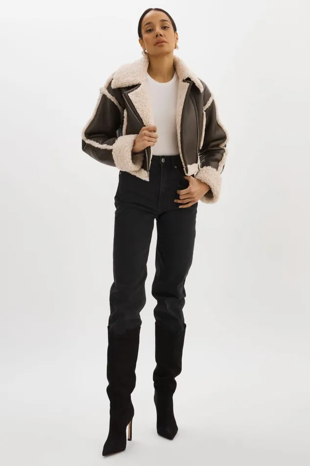 Women ADRINA Faux Shearling Crop Jacket Brown LAMARQUE Sherpa