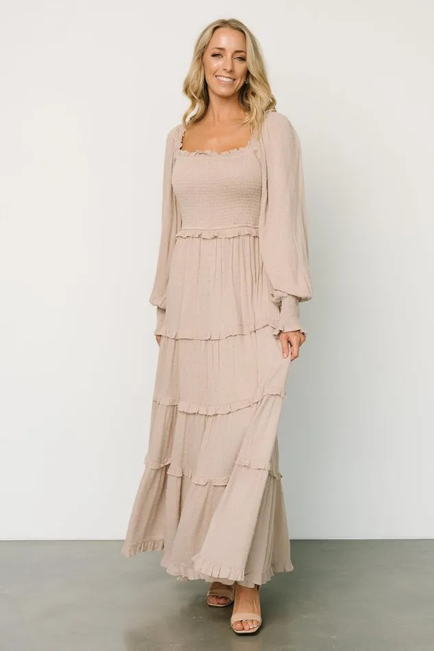 Women Amanda Smocked Dotted Maxi Dress Beige Baltic Born Maxi Dresses