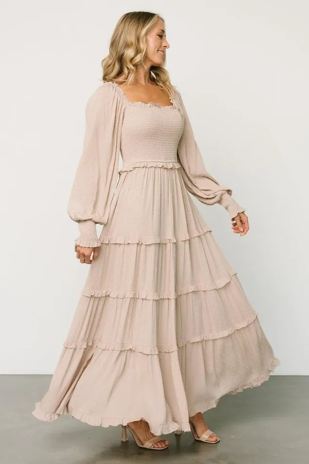 Women Amanda Smocked Dotted Maxi Dress Beige Baltic Born Maxi Dresses Women Amanda Smocked Dotted Maxi Dress Beige Baltic Born Maxi Dresses