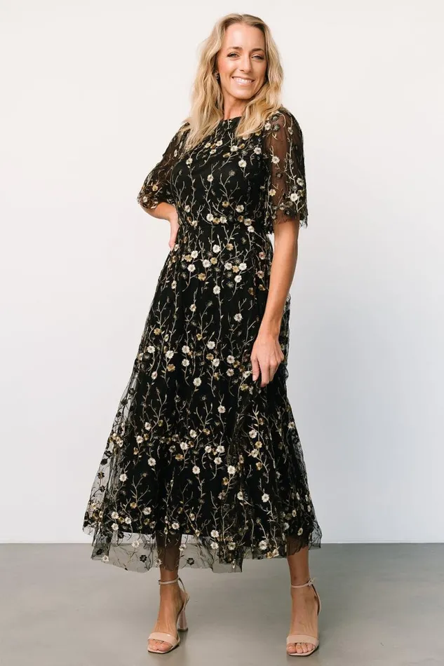 Women Arabella Embroidered Tulle Maxi Dress Gold Black Baltic Born Maxi Dresses