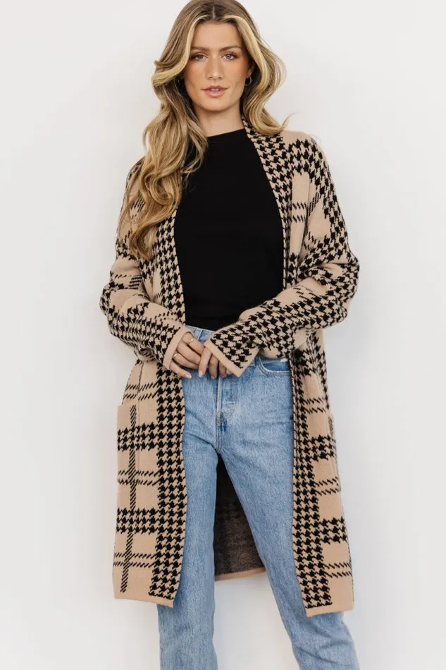 Women Arvo Houndstooth Long Cardigan Taupe Black Baltic Born Sweaters