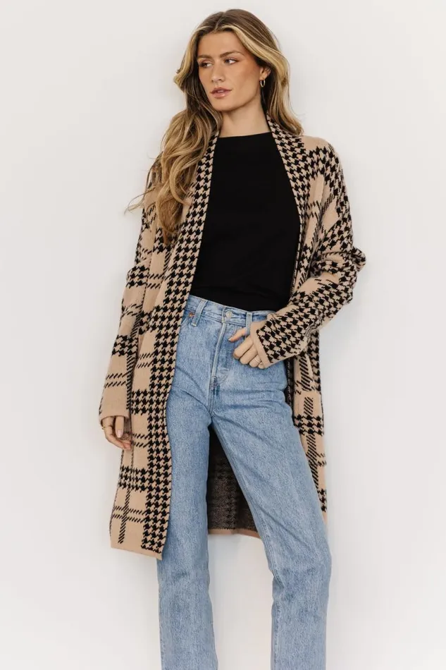 Women Arvo Houndstooth Long Cardigan Taupe Black Baltic Born Sweaters Women Arvo Houndstooth Long Cardigan Taupe Black Baltic Born Sweaters