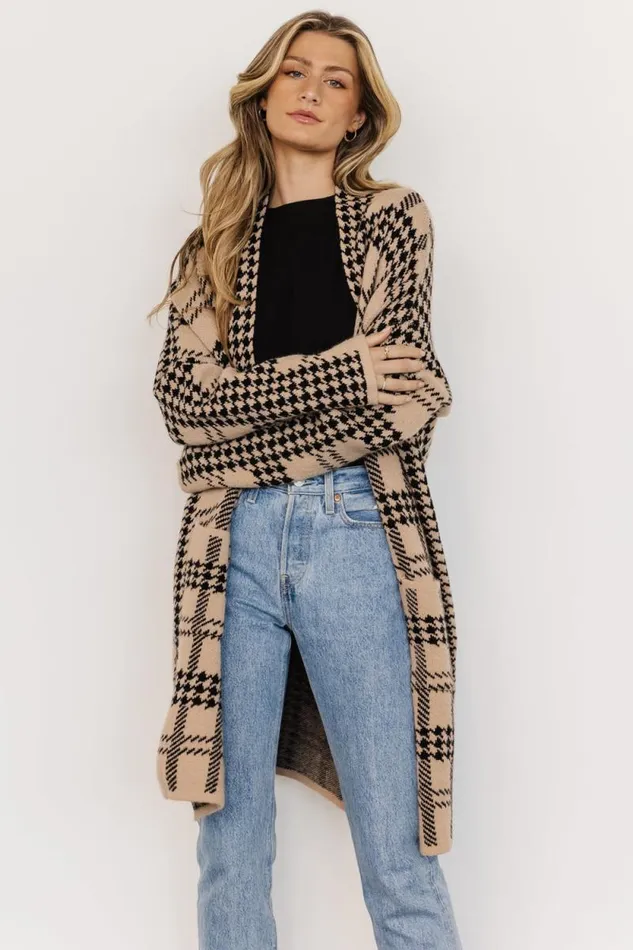 Women Arvo Houndstooth Long Cardigan Taupe Black Baltic Born Sweaters Women Arvo Houndstooth Long Cardigan Taupe Black Baltic Born Sweaters